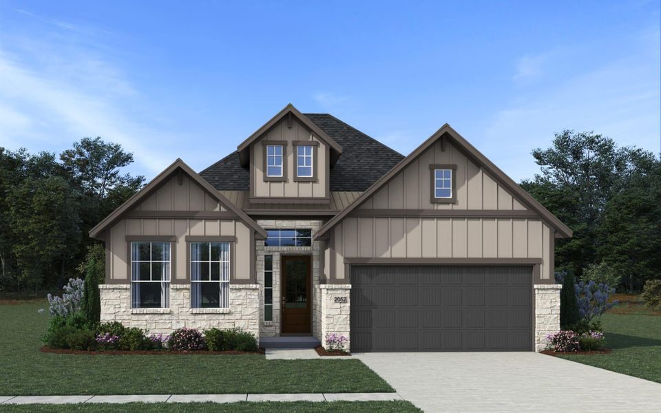 Front exterior of a new home in Elyson, Katy, TX, highlighting curb appeal (Image 2). Front exterior of a new home in Elyson, Katy, TX, highlighting curb appeal (Image 2).
