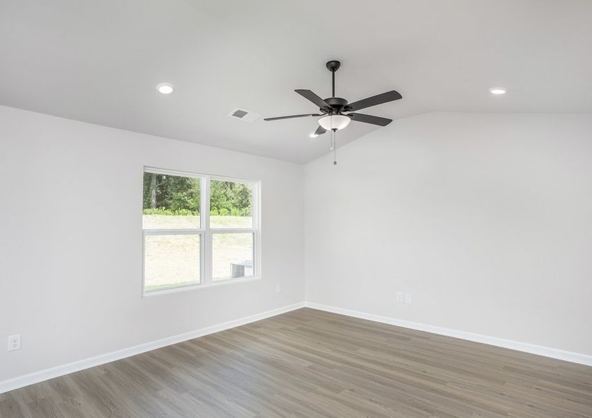 Living room has vinyl plank flooring