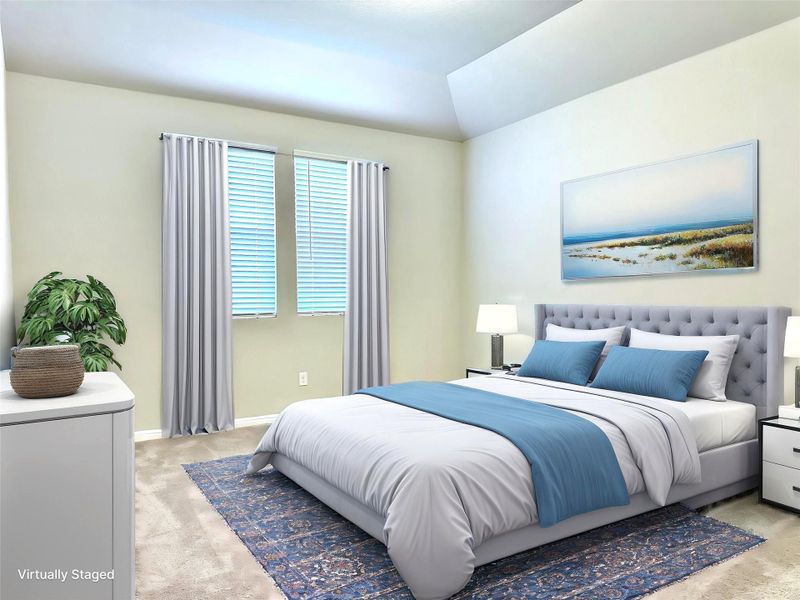 Primary Bedroom with light colored carpet and baseboards Primary Bedroom with light colored carpet and baseboards