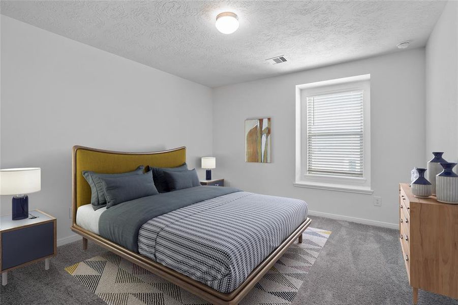 Secondary bedroom features plush carpet, custom paint and a large window.