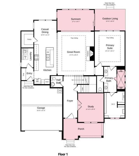 Additional highlights include: study, sunroom, tray ceilings, and spa shower at primary bath.