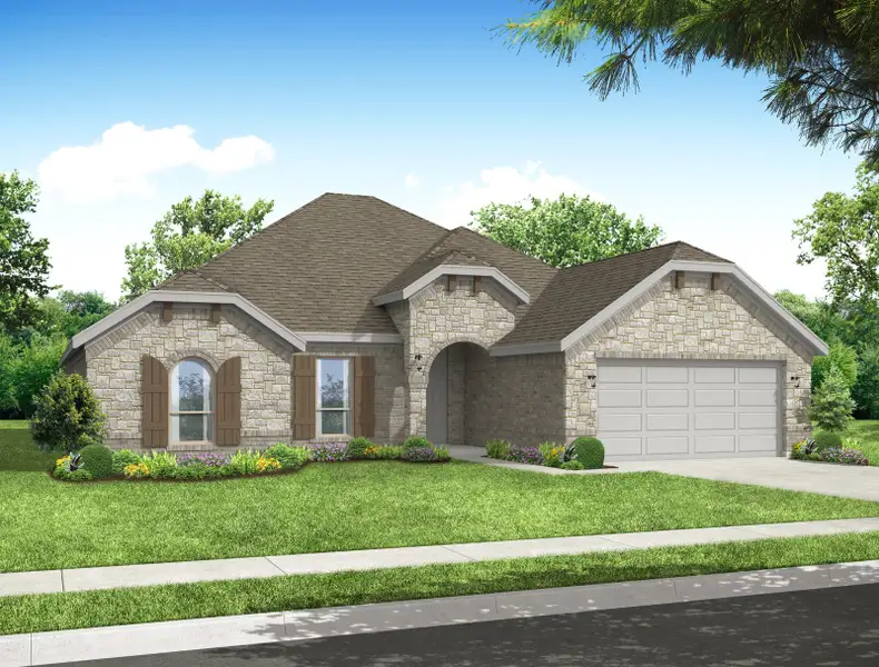 Representative exterior photo of a completed home built from the Cromwell by Impression Homes in Timberbrook, Justin, TX (Image 9). Representative exterior photo of a completed home built from the Cromwell by Impression Homes in Timberbrook, Justin, TX (Image 9).