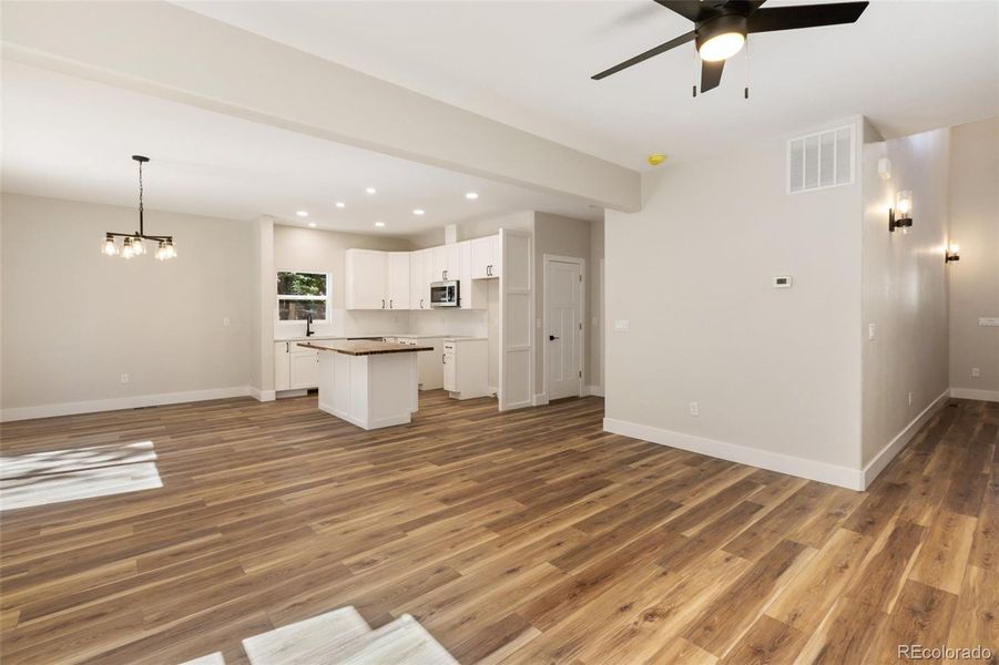 Kitchen, family and dining room