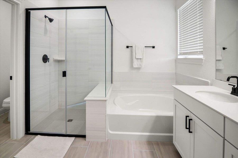 Modern bath features a pristine shower with sleek black framing and a deep, inviting soaking tub.