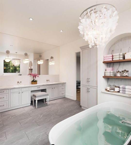 The Primary Bath space is anchored by a long double vanity, topped with Slab Quartz Counter, Penny Round Mosaic Tile Backsplash, Double Undermount Sinks, Shaker Style Cabinetry with Soft Close Drawers and Doors. Slab Quartz Counter, Penny Round Mosaic Tile Backsplash. Dual Rectangle Sinks and Wall Mounted Faucets in Polished Chrome.  The mirror stretches across the wall with 4 globe style pendant lights, casting a warm, flattering glow throughout the room.  There is also storage closet for toiletries.