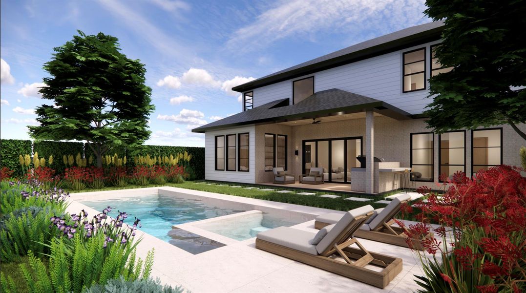 Artist Rendering of the large back yard with possible pool design. Covered Patio is equipped with Full Outdoor Kitchen. *Pool not included with home*