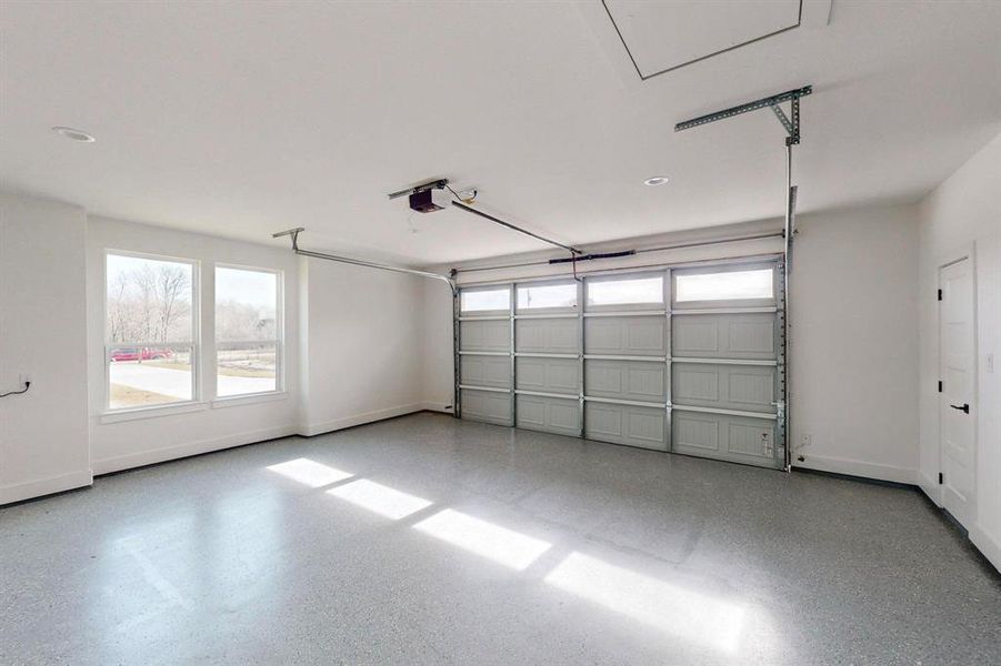 Oversized 2 car garage with epoxy flooring