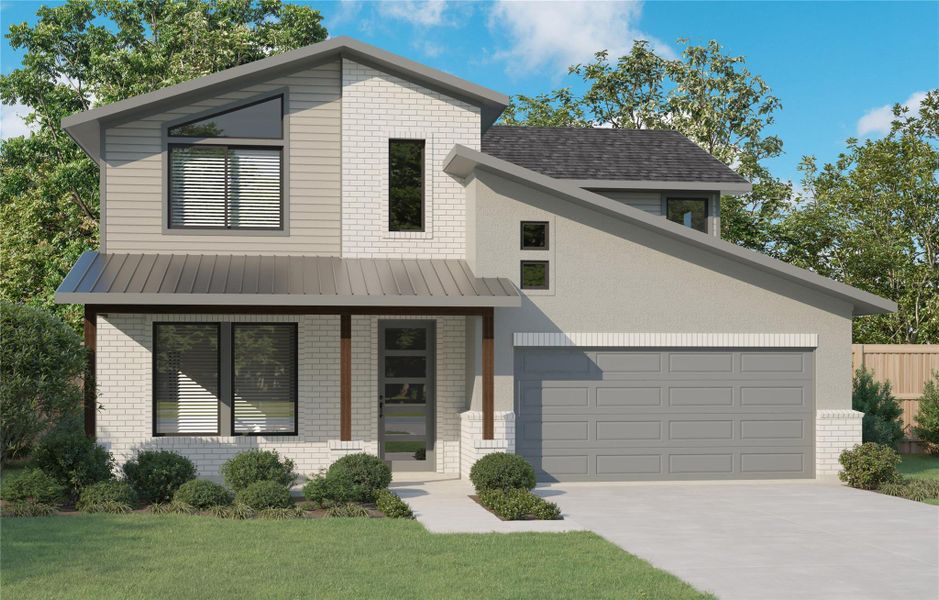 View of front of home featuring metal roof, an attached garage, brick siding, driveway, and a front yard