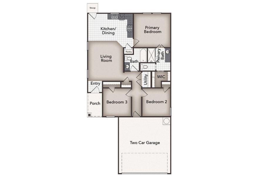2D floor plan layout for the Heritage Mill 1074 by Brohn Homes in Heritage Mill, Hutto, TX (Image 3).