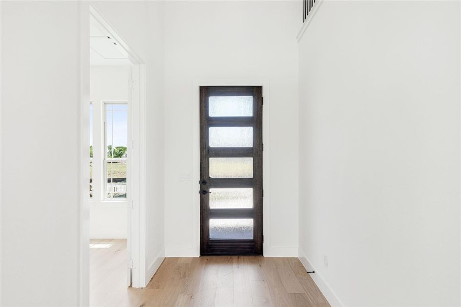 Bright entryway with dark wood front door featuring five frosted glass panels and light hardwood floors