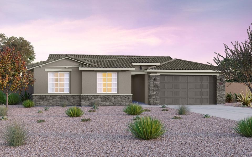 Representative exterior photo of a completed home built from the Solstice by Brookfield Residential in Mariposa at Blossom Rock, Apache Junction, AZ (Image 23).