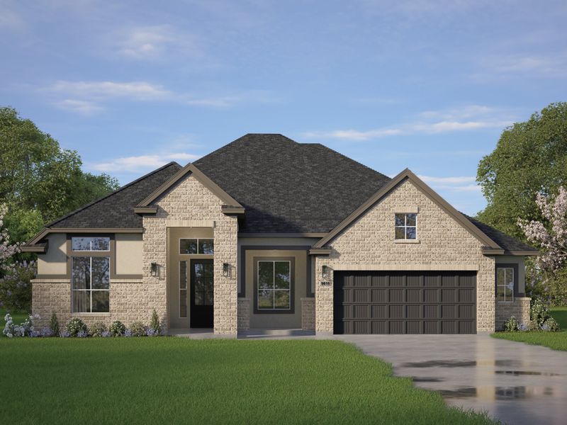 Front exterior of a new home in Riceland, Mont Belvieu, TX, highlighting curb appeal (Image 2). Front exterior of a new home in Riceland, Mont Belvieu, TX, highlighting curb appeal (Image 2).