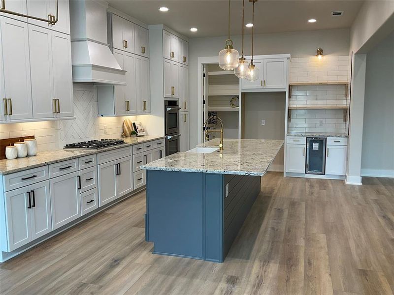 Beautiful gourmet kitchen, double ovens, front apron deep sink, gas cooktop. Wait until you see the custom walk-in pantry.