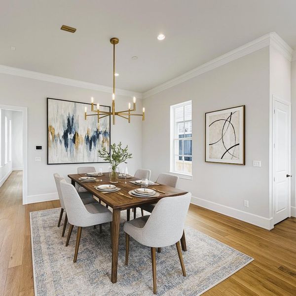 Double Crown Molding in the Dining and Living Area - to dress up those 12 FT Ceilings (pic was Virtually Staged, including chandelier Double Crown Molding in the Dining and Living Area - to dress up those 12 FT Ceilings (pic was Virtually Staged, including chandelier