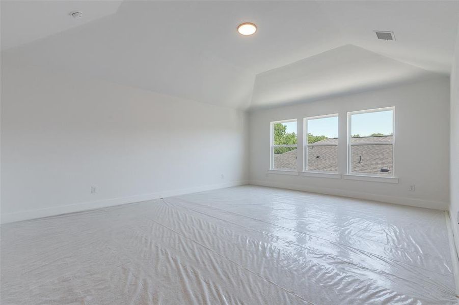 Unfurnished room with lofted ceiling