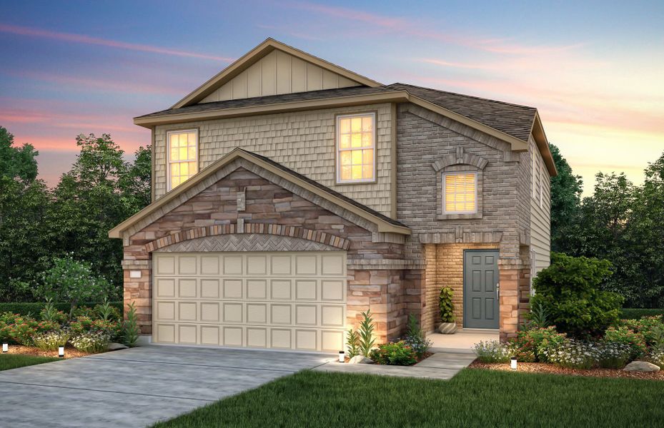 Front exterior of a new home in The Pines At Seven Coves, Willis, TX, highlighting curb appeal (Image 1).