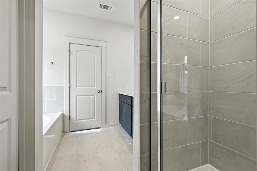 Bathroom with vanity, a garden tub, and a shower stall
