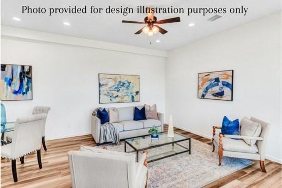 Example of living room with hardwood / wood-style flooring and ceiling fan