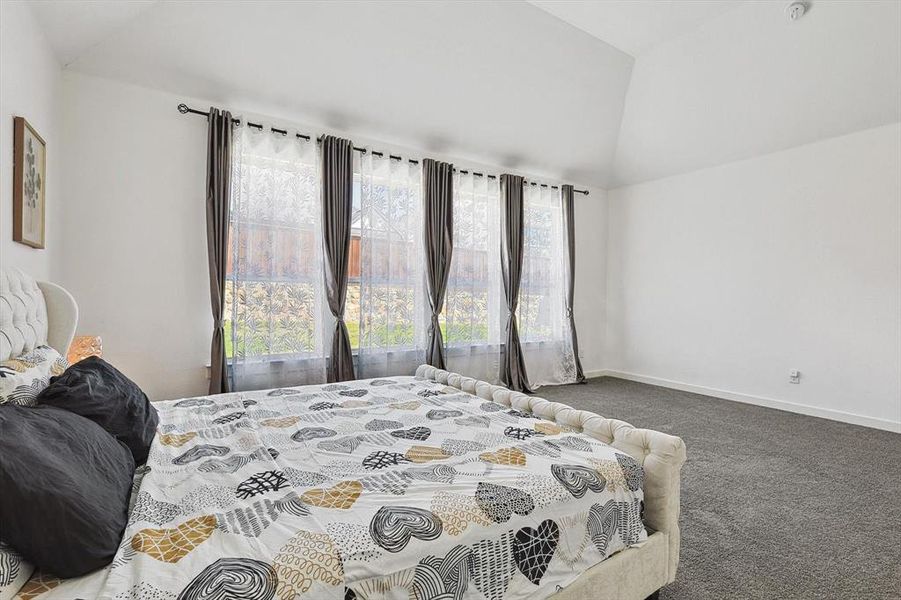 Carpeted bedroom featuring vaulted ceiling