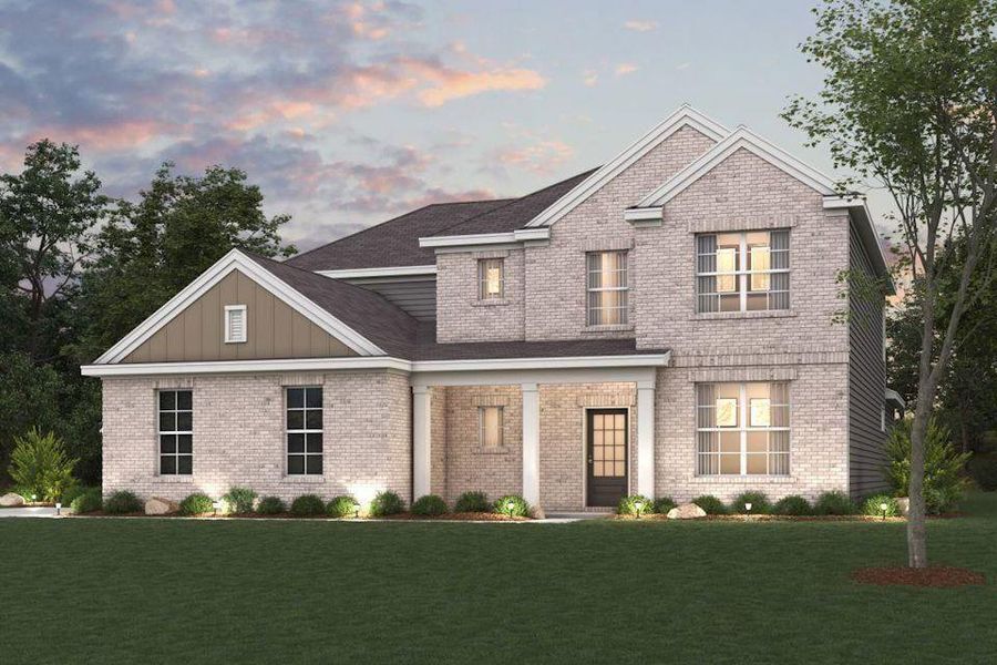 Front exterior of a new home in Windsong Estates, McDonough, GA, highlighting curb appeal (Image 1). Front exterior of a new home in Windsong Estates, McDonough, GA, highlighting curb appeal (Image 1).