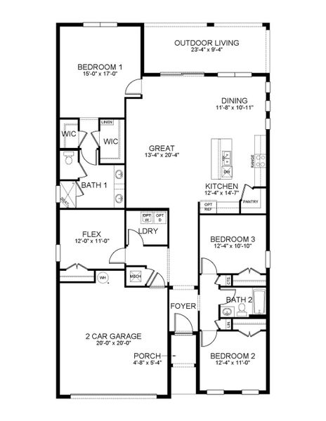 2D floor plan layout for the DELRAY by D.R. Horton in Palmetto Landing at Babcock Ranch, Punta Gorda, FL (Image 3).