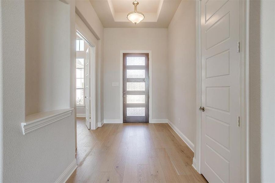 Foyer entrance featuring light hardwood / wood-style floors and a raised ceiling