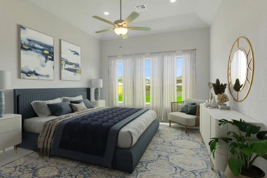 Bedroom with a ceiling fan, recessed lighting, and visible vents - virtually staged