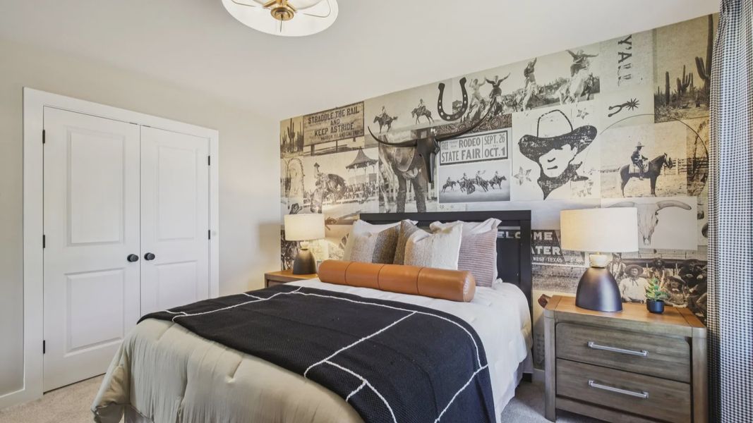 Bedroom with carpet and closet