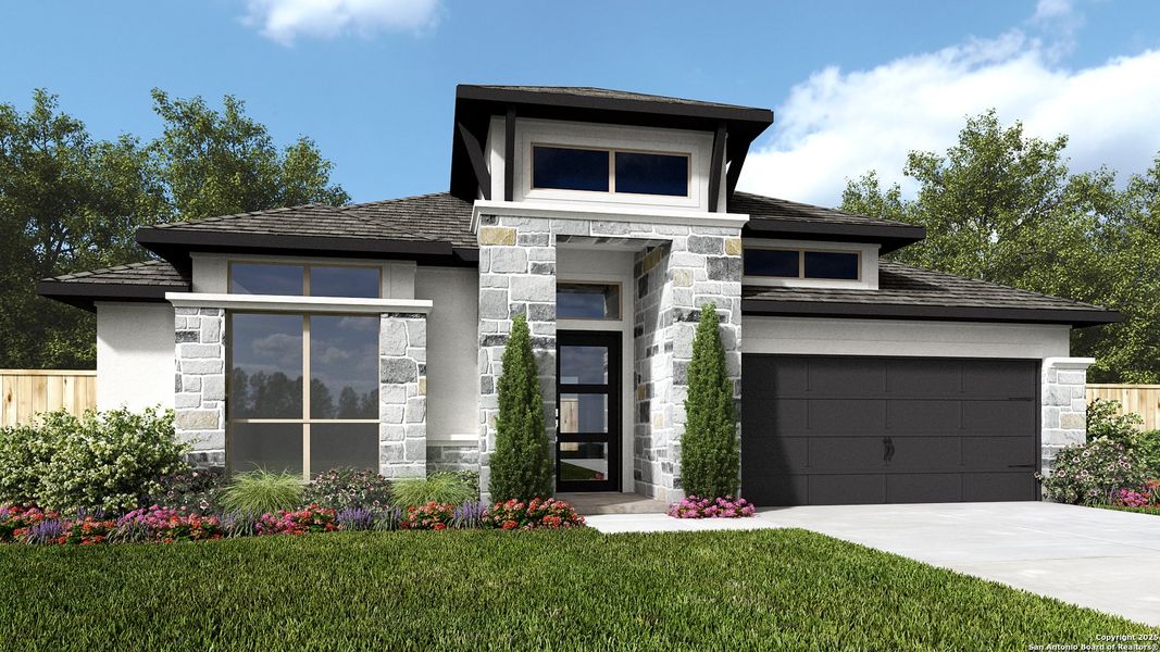 Front exterior of a new home in Hidden Canyon 55', San Antonio, TX, highlighting curb appeal (Image 2).