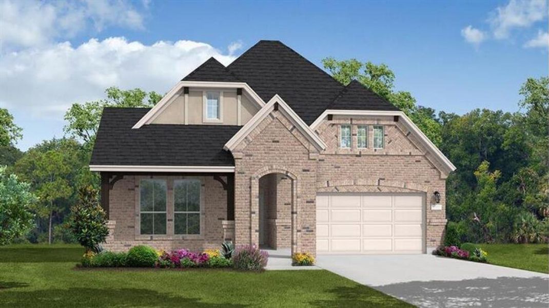 View of front facade featuring a garage, brick siding, concrete driveway, roof with shingles, and a front yard