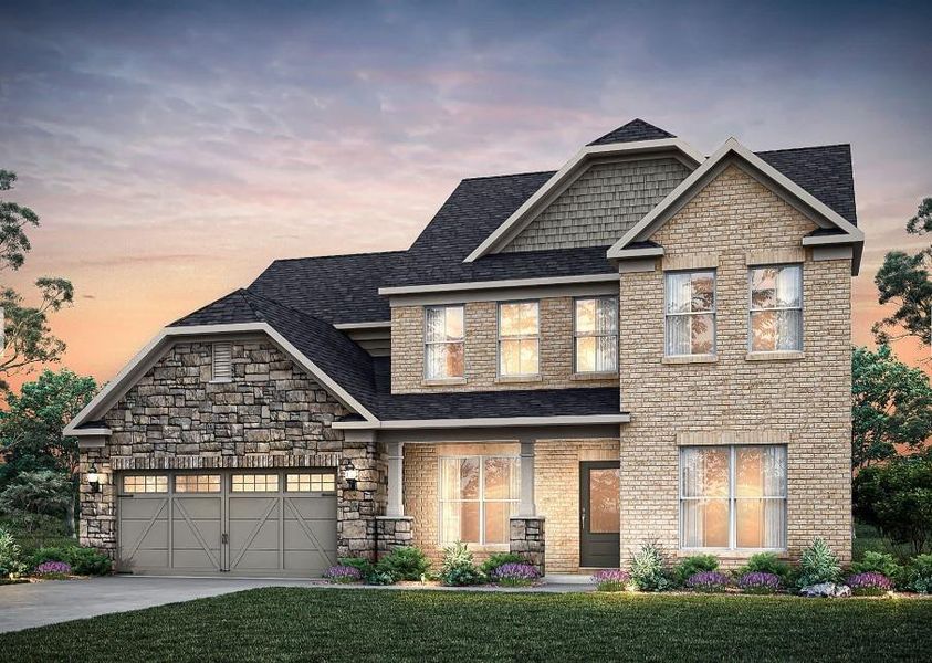 Front exterior of a new home in Rose Creek, Cumming, GA, highlighting curb appeal (Image 1). Front exterior of a new home in Rose Creek, Cumming, GA, highlighting curb appeal (Image 1).