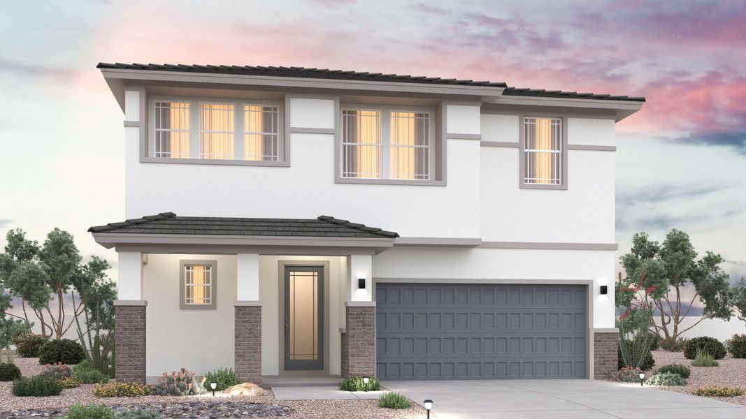 Representative exterior photo of a completed home built from the Lavender by Brightland Homes in Teravalis, Buckeye, AZ (Image 1). Representative exterior photo of a completed home built from the Lavender by Brightland Homes in Teravalis, Buckeye, AZ (Image 1).