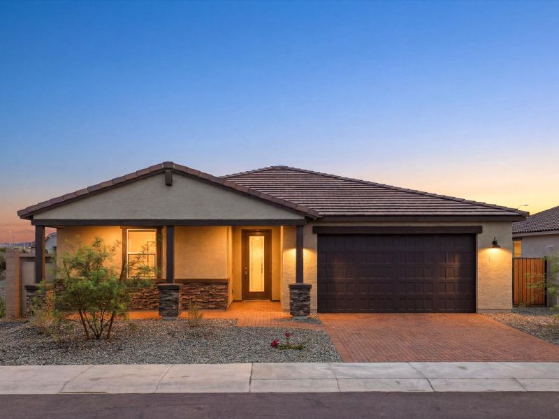 Front exterior of a new home in Legacy Place, Glendale, AZ, highlighting curb appeal (Image 1). Front exterior of a new home in Legacy Place, Glendale, AZ, highlighting curb appeal (Image 1).