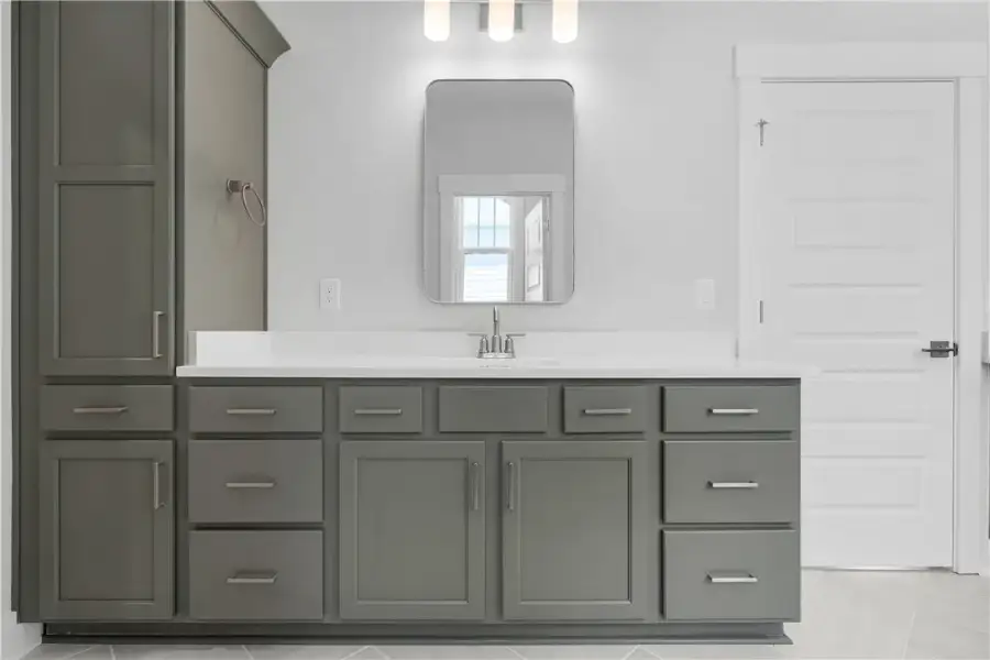 A well-appointed primary bathroom vanity featuring A well-appointed primary bathroom vanity featuring