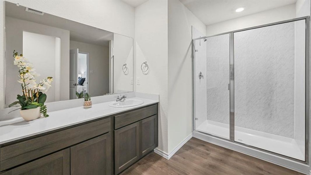 Full bath featuring a shower stall, vanity, and dark wood-style floors Full bath featuring a shower stall, vanity, and dark wood-style floors