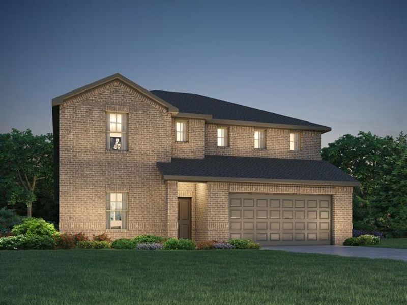 Traditional-style house featuring brick siding, concrete driveway, an attached garage, and a front lawn