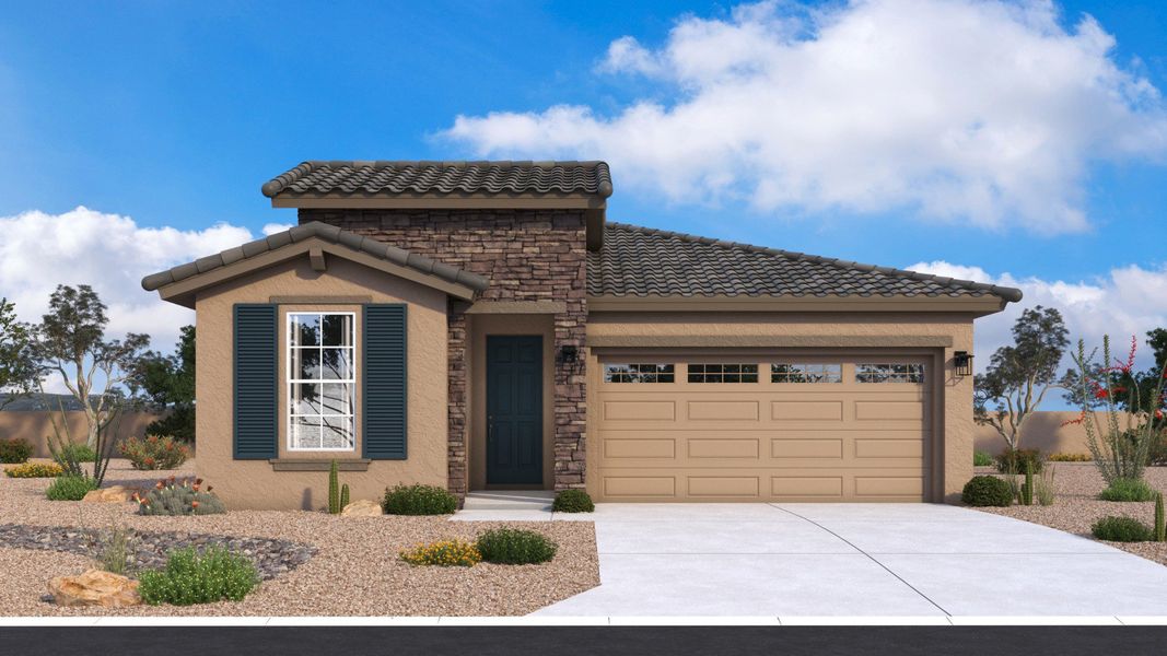 Representative exterior photo of a completed home built from the Bluebell by DRB Homes in Saguaro Hills at Vistancia, Peoria, AZ (Image 5). Representative exterior photo of a completed home built from the Bluebell by DRB Homes in Saguaro Hills at Vistancia, Peoria, AZ (Image 5).