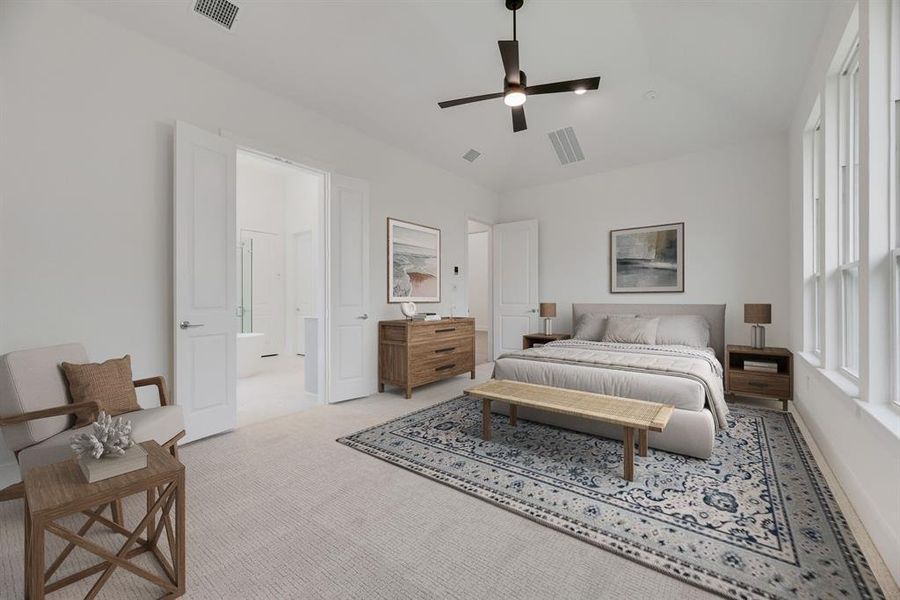 Bedroom with light colored carpet and ceiling fan