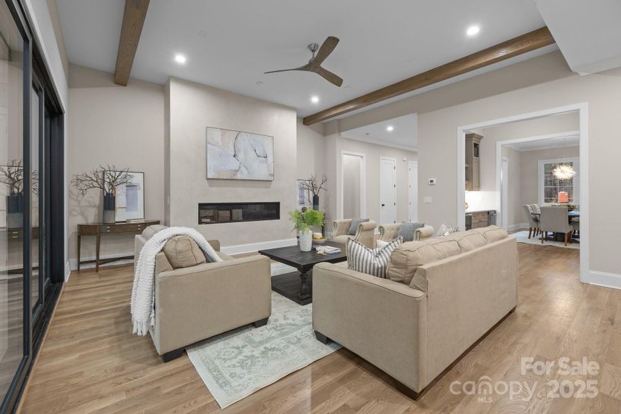 Great room with white oak beams