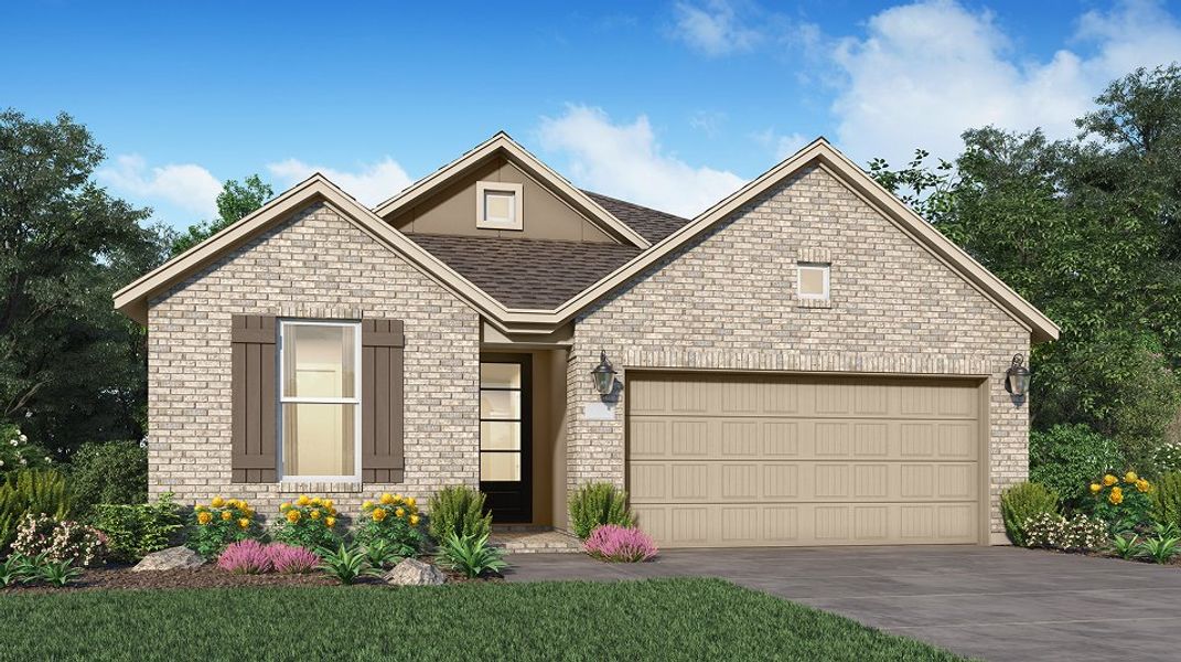 Front exterior of a new home in Sunterra Lakes, Brookshire, TX, highlighting curb appeal (Image 1). Front exterior of a new home in Sunterra Lakes, Brookshire, TX, highlighting curb appeal (Image 1).