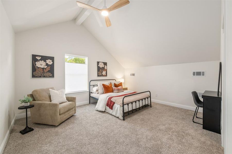 Bedroom with light colored carpet and ceiling fan Bedroom with light colored carpet and ceiling fan