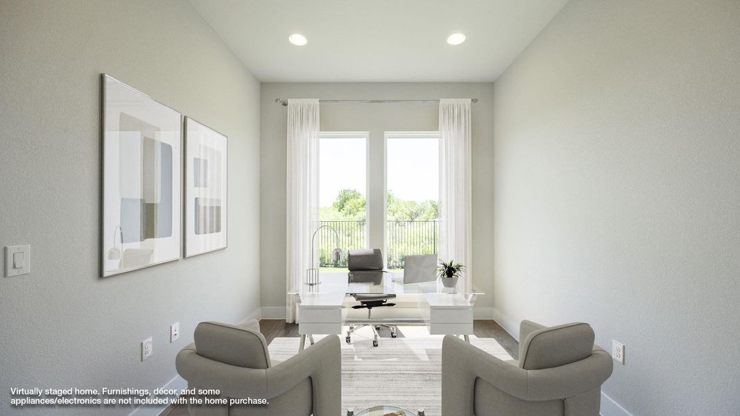 Office area with recessed lighting, wood finished floors, and a textured wall