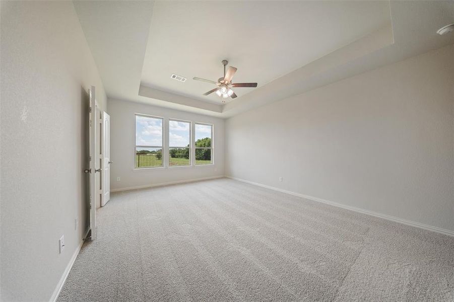 Unfurnished room featuring carpet flooring, a raised ceiling, and a ceiling fan