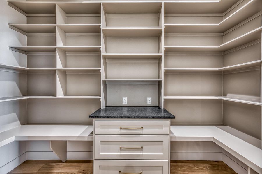 Walk in pantry with plugs for appliances.