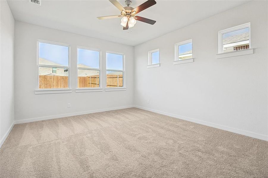 Spare room featuring ceiling fan, a healthy amount of sunlight, and carpet flooring