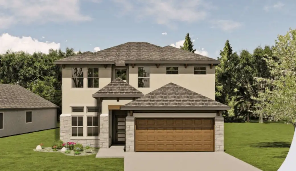 Front exterior of a new home in Lakeside at Tessera on Lake Travis, Meadowlakes, TX, highlighting curb appeal (Image 2).