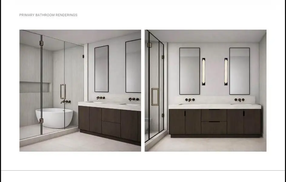 Modern bathroom featuring a freestanding tub, glass-enclosed shower, dual vanity with undermount sinks, and wall-mounted faucets