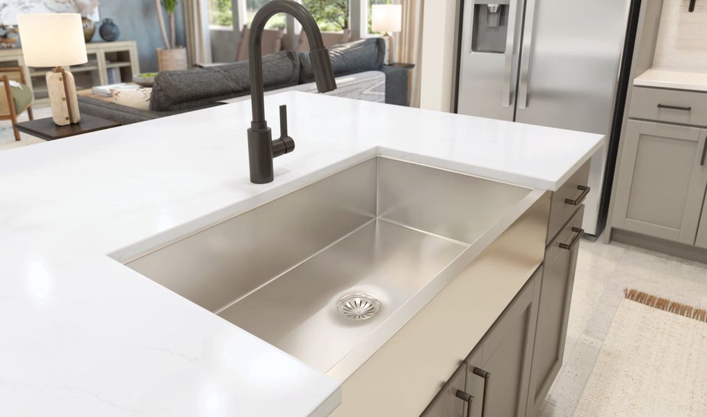 Stainless steel undermount apron-front sink with matte black faucet