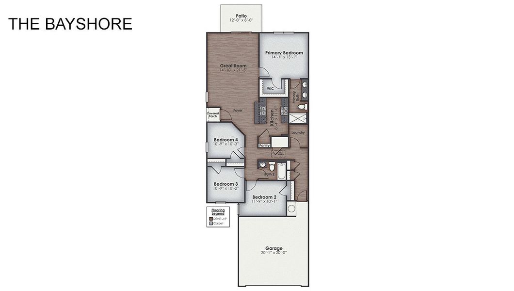 2D floor plan layout for the BAYSHORE by D.R. Horton in Indigo Preserve Townhomes, Leland, NC (Image 3).