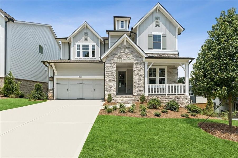 Front exterior of a new home in Havencroft, Woodstock, GA, highlighting curb appeal (Image 1). Front exterior of a new home in Havencroft, Woodstock, GA, highlighting curb appeal (Image 1).